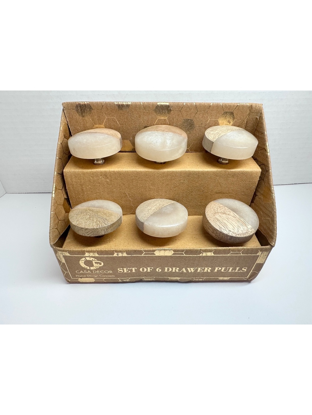 Six Casa Decor Two-Tone Round Drawer Pulls Natural Wood & Resin Brand New